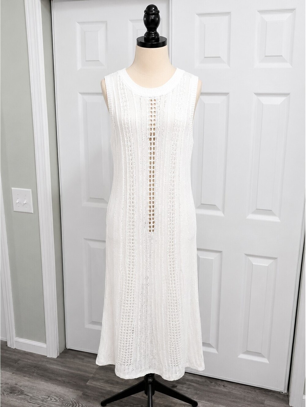 Bsubseach White Open Knit Dress Size M Summery Crochet Cover-up Boho Peasant